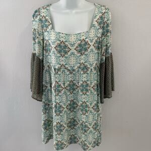 Umgee Boho Babydoll Tunic Top Small Mini Dress Flowy Peasant Mixed Print Green